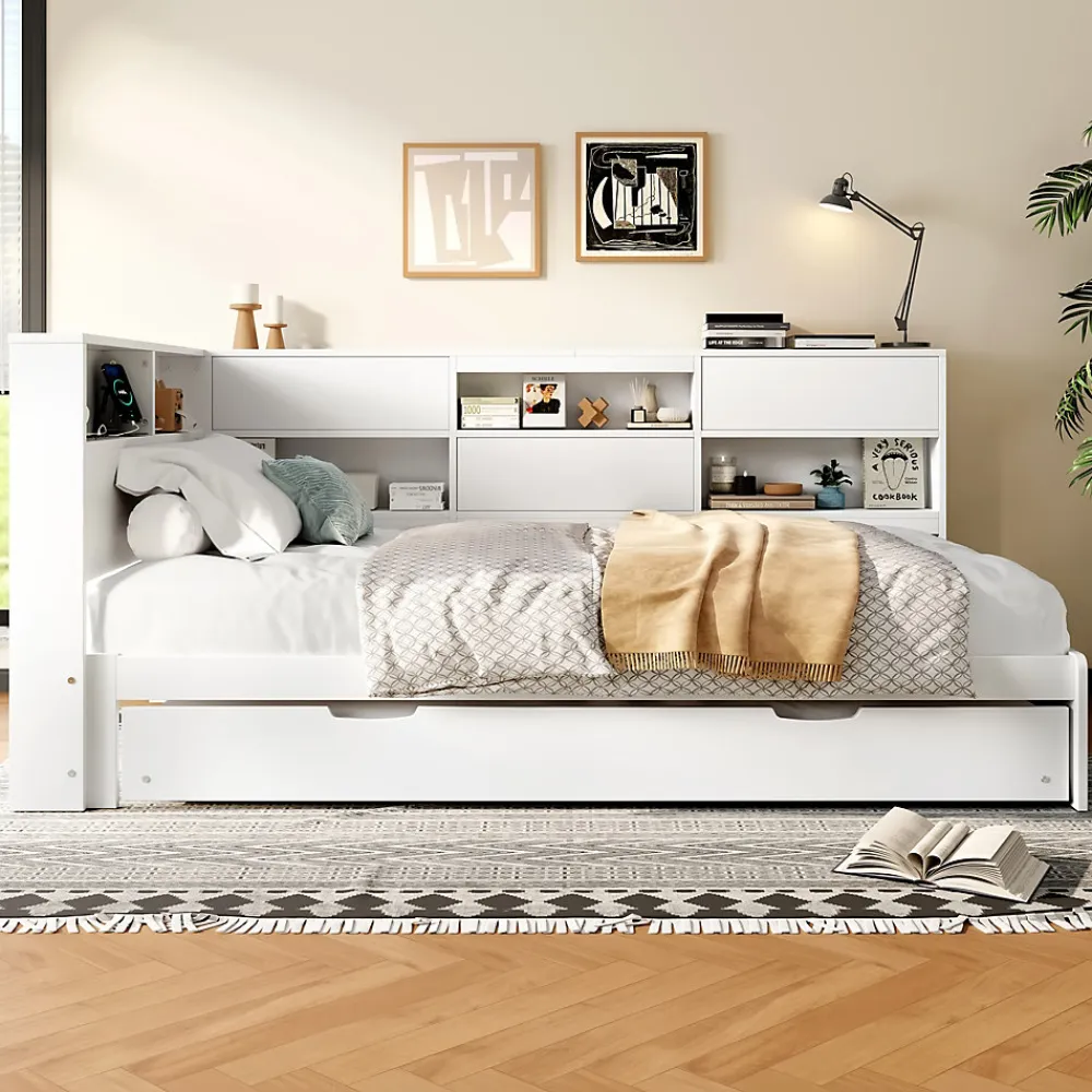 Lit Gigogne 90x200 cm - avec Lit Tiroir 90x190 cm et Rangement, Lit Multifonction Bois Kiefernholz + MDF + Plywood - Blanc>Okwish Discount