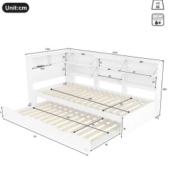 Lit Gigogne 90x200 cm - avec Lit Tiroir 90x190 cm et Rangement, Lit Multifonction Bois Kiefernholz + MDF + Plywood - Blanc><noscript><img width=