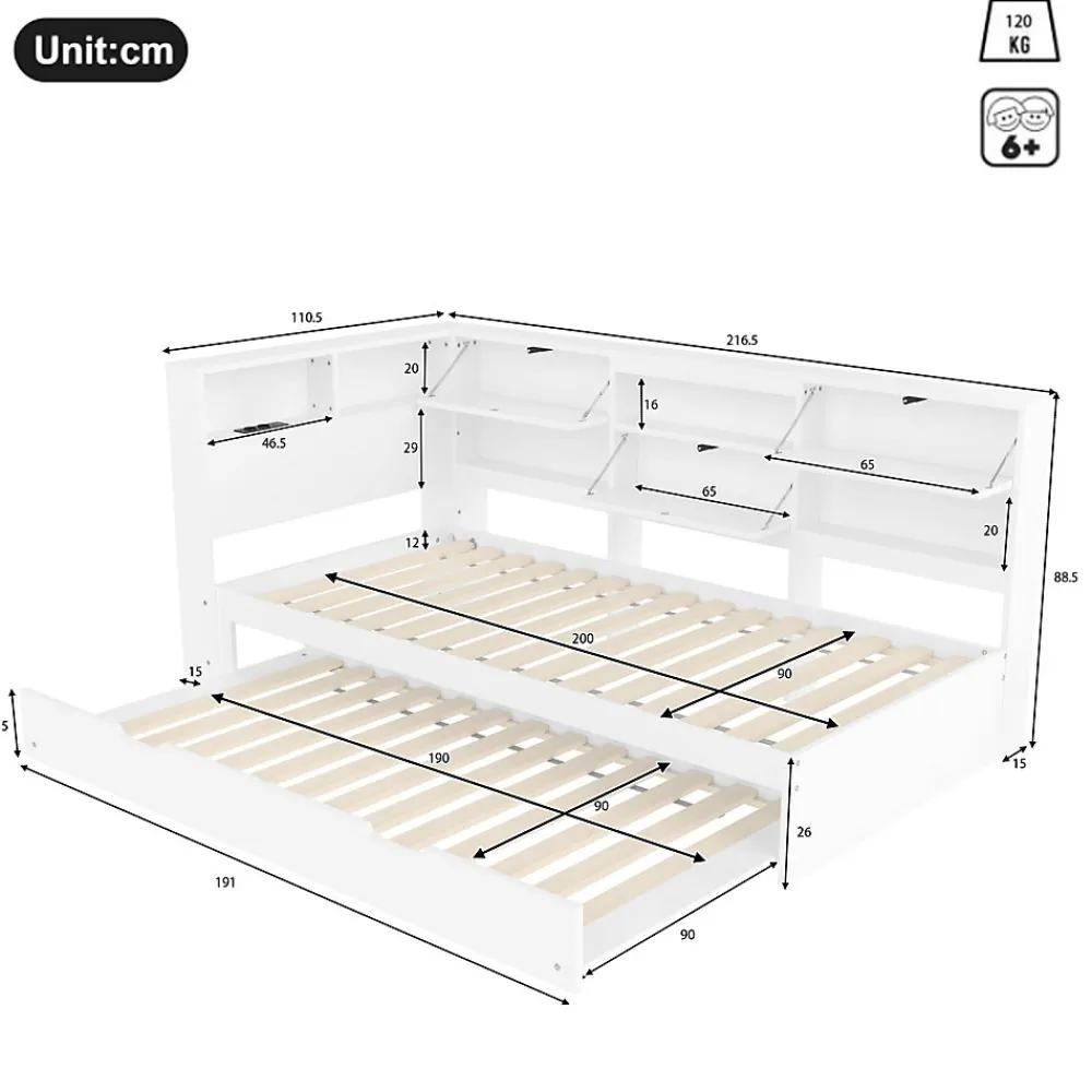 Lit Gigogne 90x200 cm - avec Lit Tiroir 90x190 cm et Rangement, Lit Multifonction Bois Kiefernholz + MDF + Plywood - Blanc>Okwish Discount