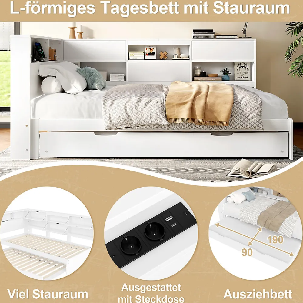 Lit Gigogne 90x200 cm - avec Lit Tiroir 90x190 cm et Rangement, Lit Multifonction Bois Kiefernholz + MDF + Plywood - Blanc>Okwish Discount