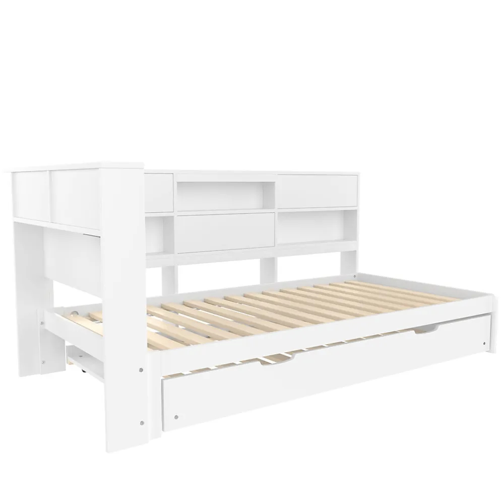 Lit Gigogne 90x200 cm - avec Lit Tiroir 90x190 cm et Rangement, Lit Multifonction Bois Kiefernholz + MDF + Plywood - Blanc>Okwish Discount