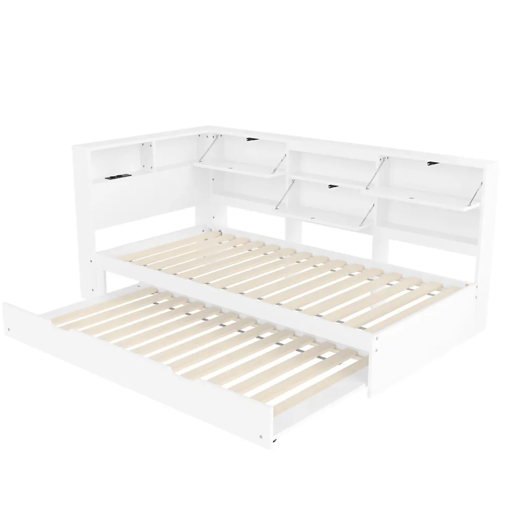 Lit Gigogne 90x200 cm - avec Lit Tiroir 90x190 cm et Rangement, Lit Multifonction Bois Kiefernholz + MDF + Plywood - Blanc>Okwish Discount
