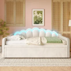 Lit Gigogne 90/180x200 cm - avec lit tiroir et bande LED multicolore - sans matelas - revêtement en velours doux - Beige>Okwish Discount