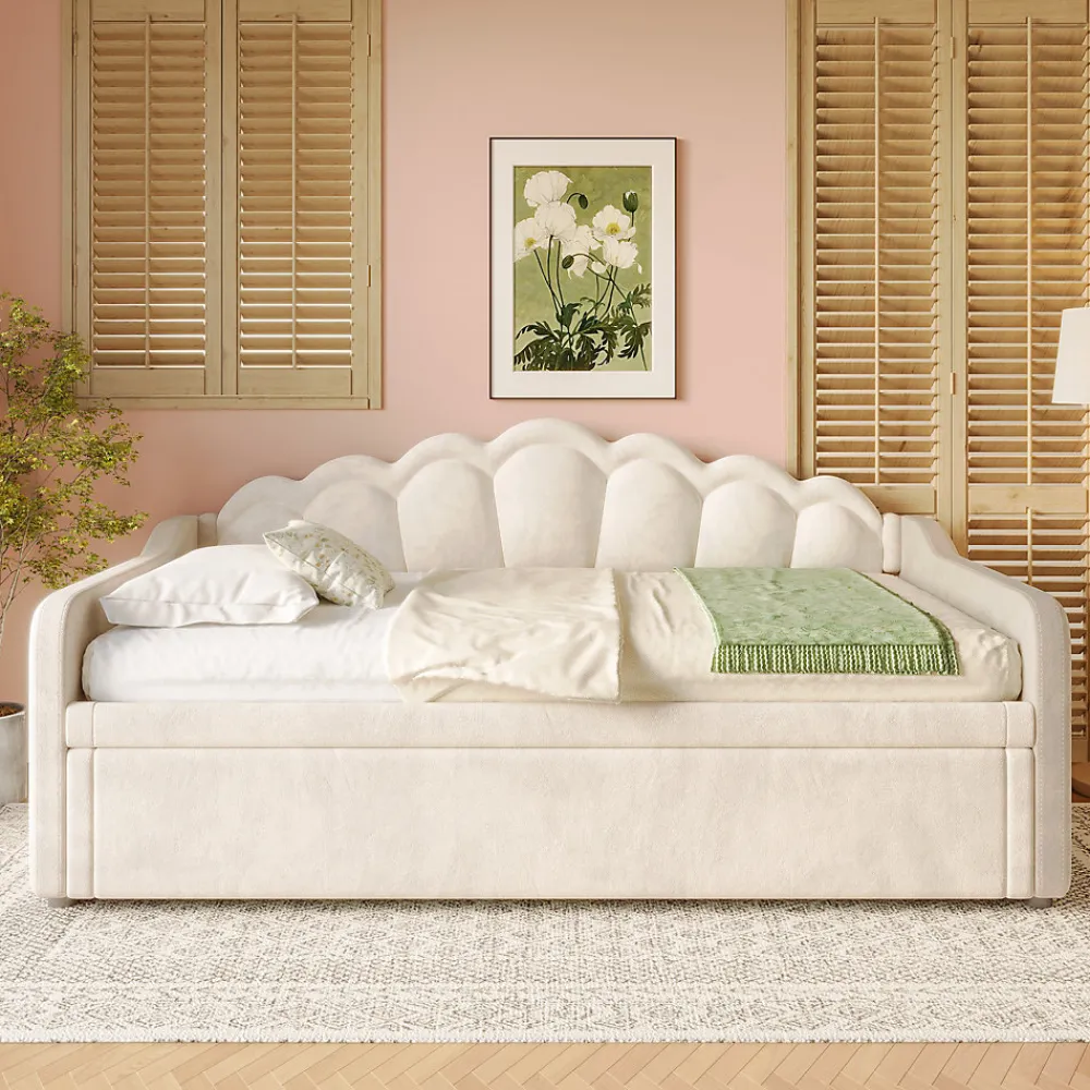 Lit Gigogne 90/180x200 cm - avec lit tiroir et bande LED multicolore - sans matelas - revêtement en velours doux - Beige>Okwish Discount