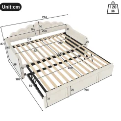 Lit Gigogne 90/180x200 cm - avec lit tiroir et bande LED multicolore - sans matelas - revêtement en velours doux - Beige><noscript><img width=