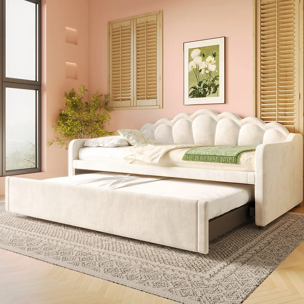 Lit Gigogne 90/180x200 cm - avec lit tiroir et bande LED multicolore - sans matelas - revêtement en velours doux - Beige>Okwish Discount