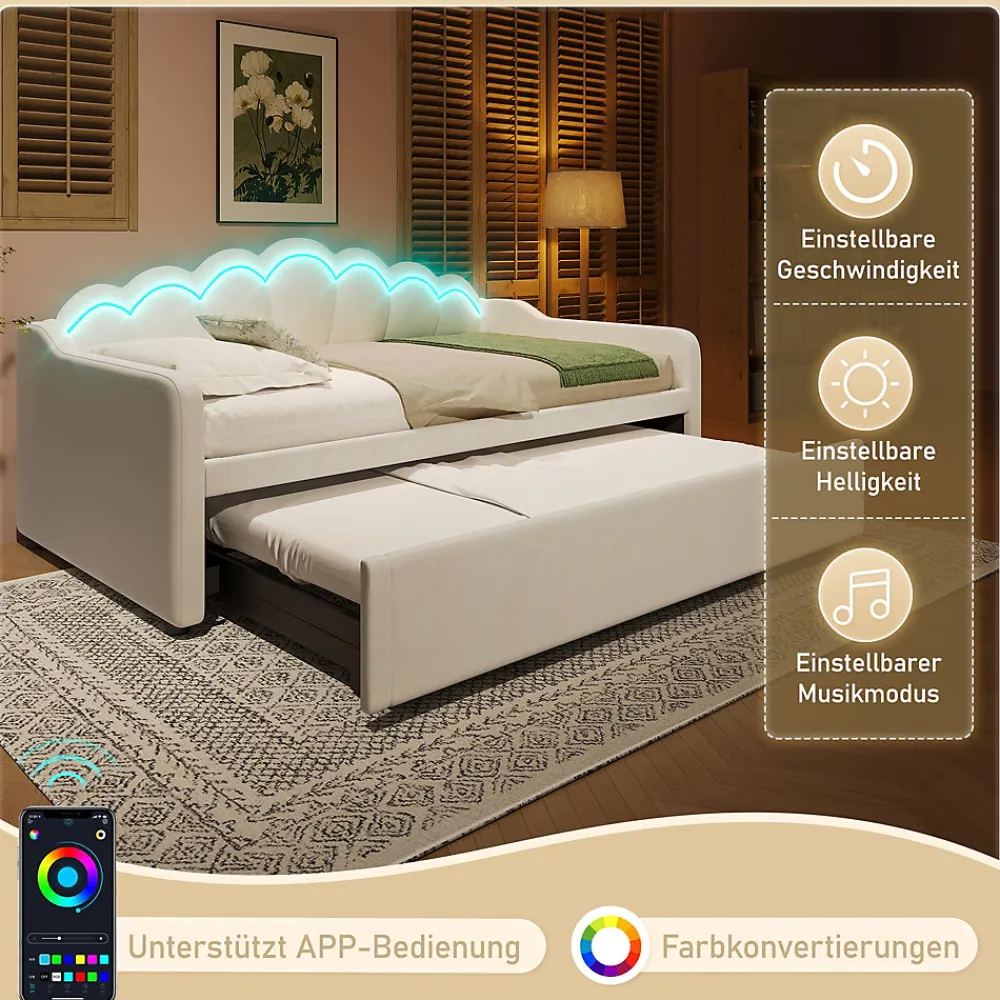 Lit Gigogne 90/180x200 cm - avec lit tiroir et bande LED multicolore - sans matelas - revêtement en velours doux - Beige>Okwish Discount