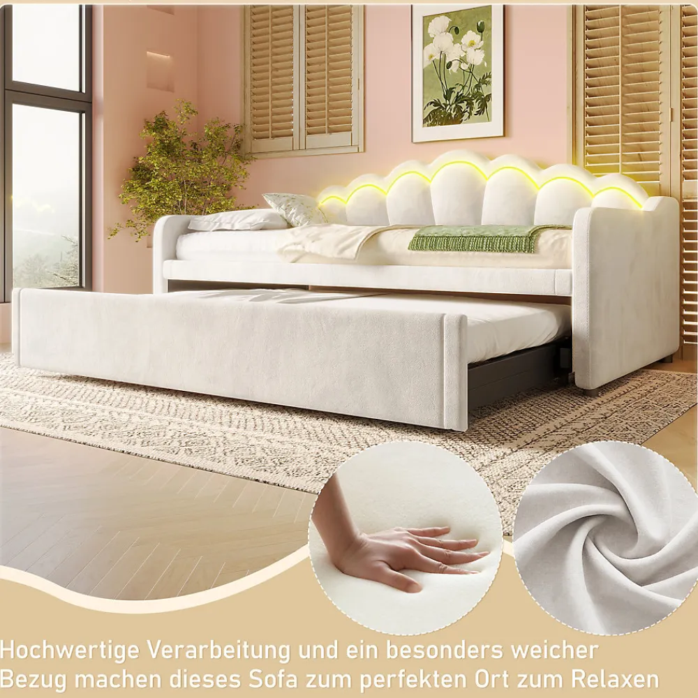 Lit Gigogne 90/180x200 cm - avec lit tiroir et bande LED multicolore - sans matelas - revêtement en velours doux - Beige>Okwish Discount