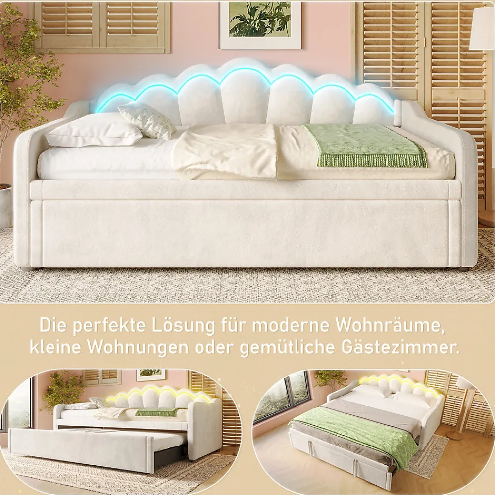 Lit Gigogne 90/180x200 cm - avec lit tiroir et bande LED multicolore - sans matelas - revêtement en velours doux - Beige>Okwish Discount