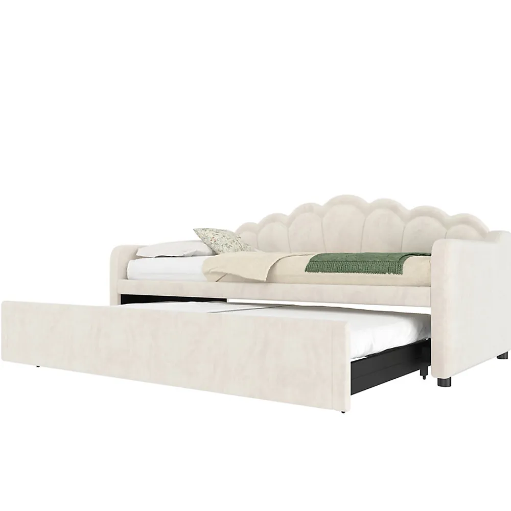 Lit Gigogne 90/180x200 cm - avec lit tiroir et bande LED multicolore - sans matelas - revêtement en velours doux - Beige>Okwish Discount