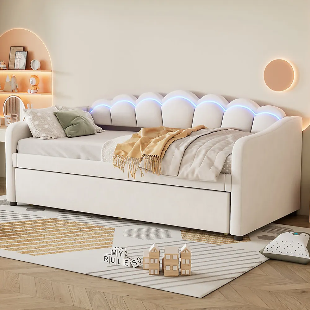 Lit Gigogne 90x200 cm - avec lit tiroir 90x190 cm et éclairage LED ambiant - sans matelas - revêtement en velours élégant - Beige>Okwish Discount
