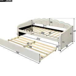 Lit Gigogne 90x200 cm - avec lit tiroir 90x190 cm et éclairage LED ambiant - sans matelas - revêtement en velours élégant - Beige><noscript><img width=