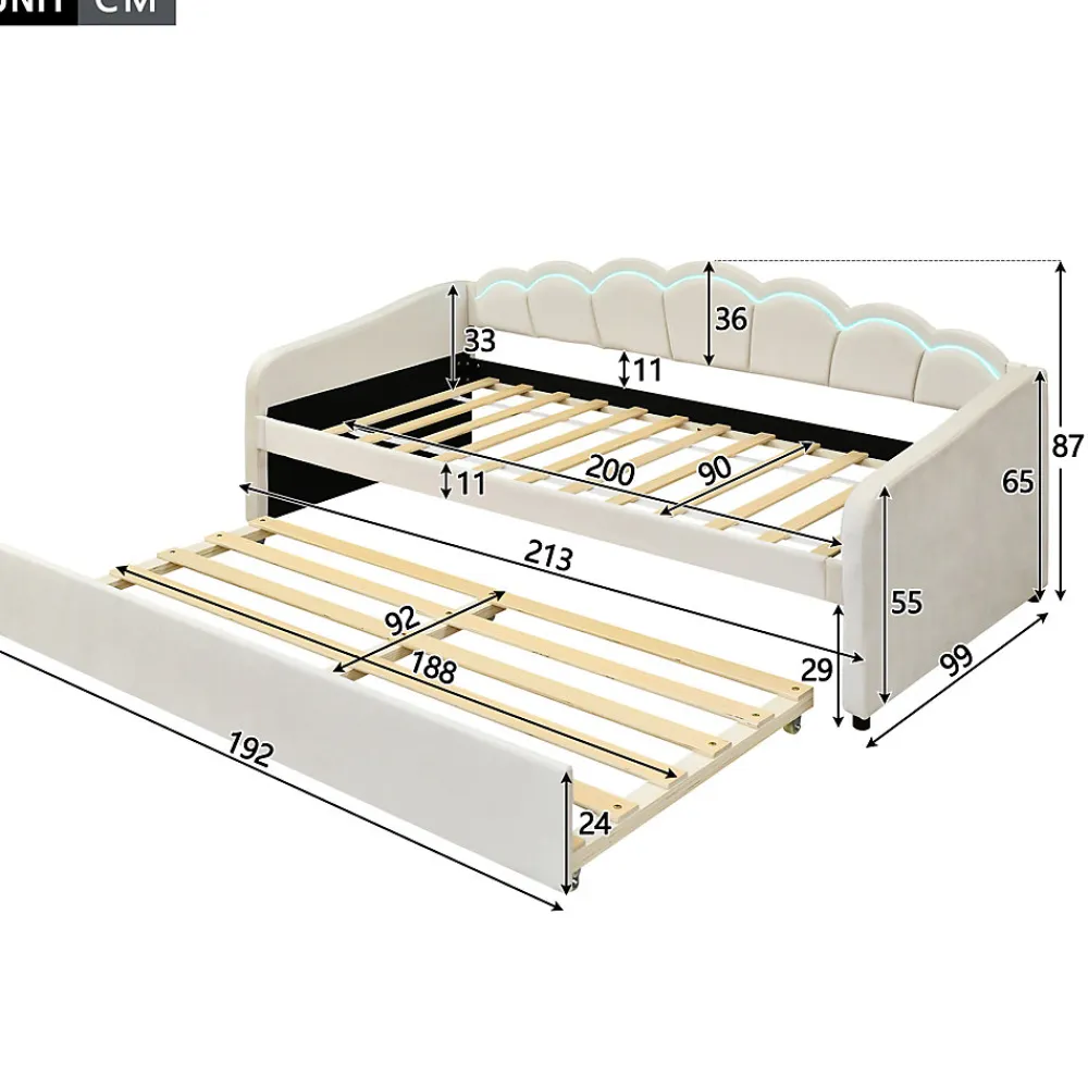 Lit Gigogne 90x200 cm - avec lit tiroir 90x190 cm et éclairage LED ambiant - sans matelas - revêtement en velours élégant - Beige>Okwish Discount