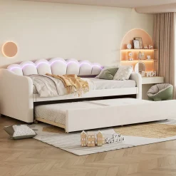 Lit Gigogne 90x200 cm - avec lit tiroir 90x190 cm et éclairage LED ambiant - sans matelas - revêtement en velours élégant - Beige><noscript><img width=