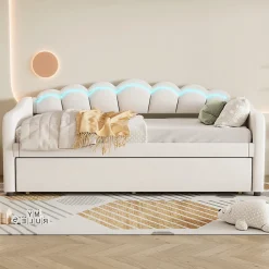 Lit Gigogne 90x200 cm - avec lit tiroir 90x190 cm et éclairage LED ambiant - sans matelas - revêtement en velours élégant - Beige><noscript><img width=