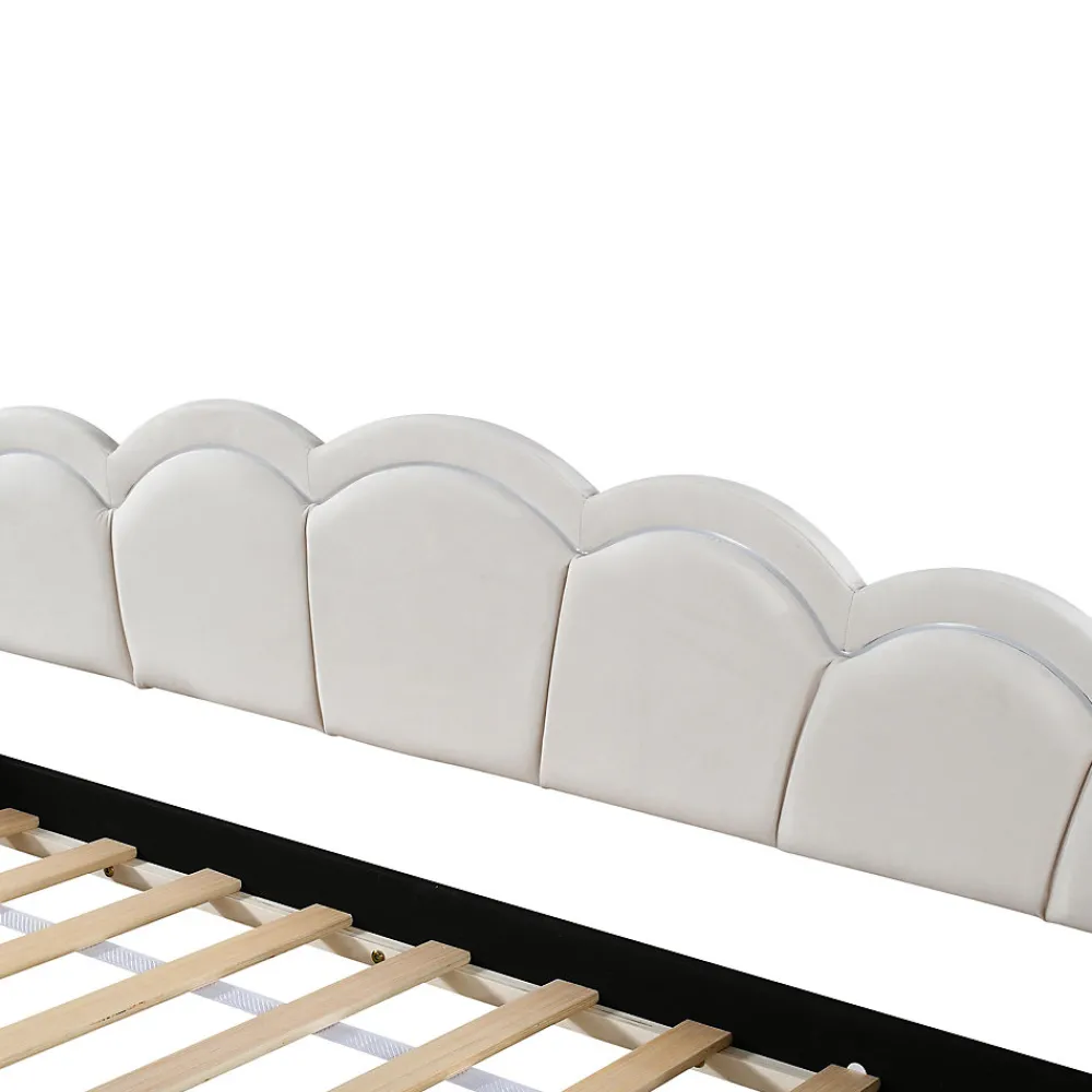 Lit Gigogne 90x200 cm - avec lit tiroir 90x190 cm et éclairage LED ambiant - sans matelas - revêtement en velours élégant - Beige>Okwish Discount