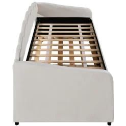 Lit Gigogne 90x200 cm - avec lit tiroir 90x190 cm et éclairage LED ambiant - sans matelas - revêtement en velours élégant - Beige><noscript><img width=