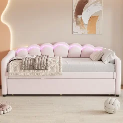 Generique Lit Gigogne 90x200 cm - avec lit tiroir 90x190 cm et éclairage LED ambiant - sans matelas - revêtement en velours doux - Rose* Lit Gigogne