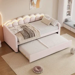 Generique Lit Gigogne 90x200 cm - avec lit tiroir 90x190 cm et éclairage LED ambiant - sans matelas - revêtement en velours doux - Rose* Lit Gigogne