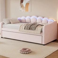 Generique Lit Gigogne 90x200 cm - avec lit tiroir 90x190 cm et éclairage LED ambiant - sans matelas - revêtement en velours doux - Rose* Lit Gigogne