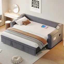 Lit Gigogne 90x190 cm - avec Rangement sous Le Lit et Haut-Parleur Bluetooth, Port USB, Velours Gris, Sans Matelas>Okwish Best
