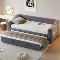 Lit Gigogne 90x190 cm - avec Rangement sous Le Lit et Haut-Parleur Bluetooth, Port USB, Velours Gris, Sans Matelas>Okwish Best
