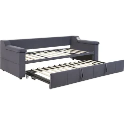 Lit Gigogne 90x190 cm - avec Rangement sous Le Lit et Haut-Parleur Bluetooth, Port USB, Velours Gris, Sans Matelas><noscript><img width=