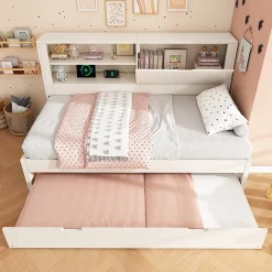Lit Gigogne 90x190 cm - Canapé-Lit avec Tête de Lit Rangement, Compartiment Ouvert et USB/USB-C - MDF - Blanc>Okwish Clearance