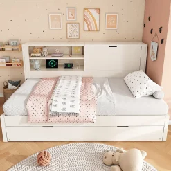 Lit Gigogne 90x190 cm - Canapé-Lit avec Tête de Lit Rangement, Compartiment Ouvert et USB/USB-C - MDF - Blanc><noscript><img width=