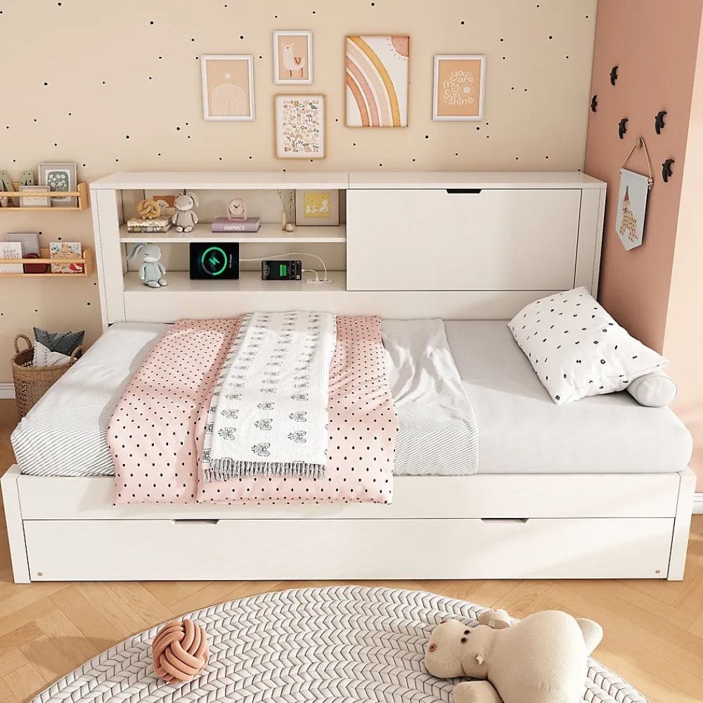 Lit Gigogne 90x190 cm - Canapé-Lit avec Tête de Lit Rangement, Compartiment Ouvert et USB/USB-C - MDF - Blanc>Okwish Clearance