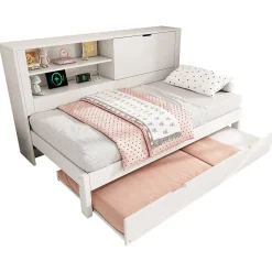 Lit Gigogne 90x190 cm - Canapé-Lit avec Tête de Lit Rangement, Compartiment Ouvert et USB/USB-C - MDF - Blanc><noscript><img width=
