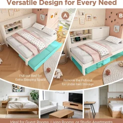Lit Gigogne 90x190 cm - Canapé-Lit avec Tête de Lit Rangement, Compartiment Ouvert et USB/USB-C - MDF - Blanc><noscript><img width=