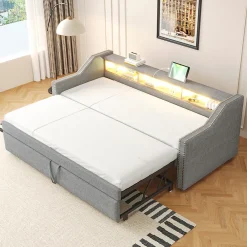 Lit Gigogne 90/180x190 cm - capitonné avec LED Intégrée et Rangement Sous Le Lit, Port USB, Tissu Gris Clair, Sans Matelas>Okwish Discount