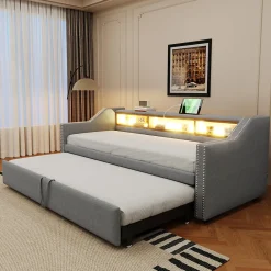 Lit Gigogne 90/180x190 cm - capitonné avec LED Intégrée et Rangement Sous Le Lit, Port USB, Tissu Gris Clair, Sans Matelas><noscript><img width=