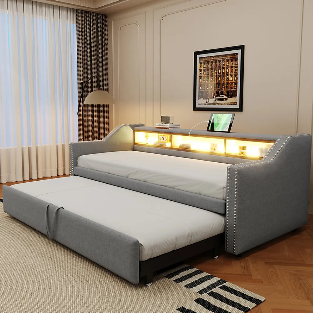 Lit Gigogne 90/180x190 cm - capitonné avec LED Intégrée et Rangement Sous Le Lit, Port USB, Tissu Gris Clair, Sans Matelas>Okwish Discount
