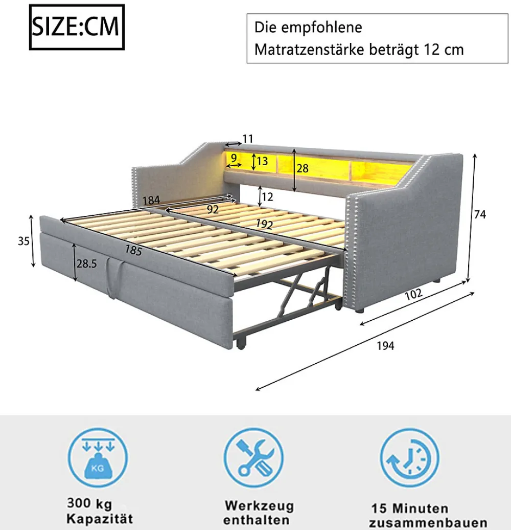 Lit Gigogne 90/180x190 cm - capitonné avec LED Intégrée et Rangement Sous Le Lit, Port USB, Tissu Gris Clair, Sans Matelas>Okwish Discount