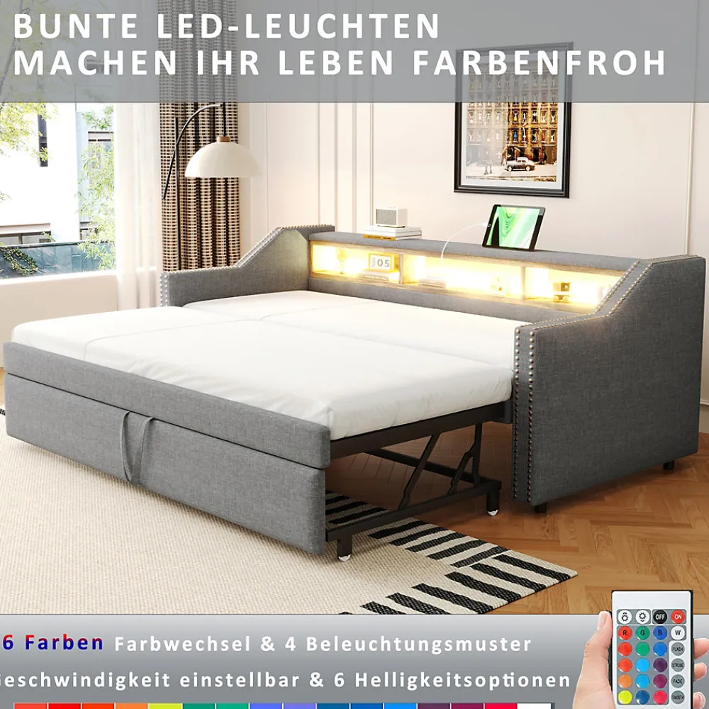 Lit Gigogne 90/180x190 cm - capitonné avec LED Intégrée et Rangement Sous Le Lit, Port USB, Tissu Gris Clair, Sans Matelas>Okwish Discount
