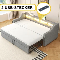 Lit Gigogne 90/180x190 cm - capitonné avec LED Intégrée et Rangement Sous Le Lit, Port USB, Tissu Gris Clair, Sans Matelas><noscript><img width=