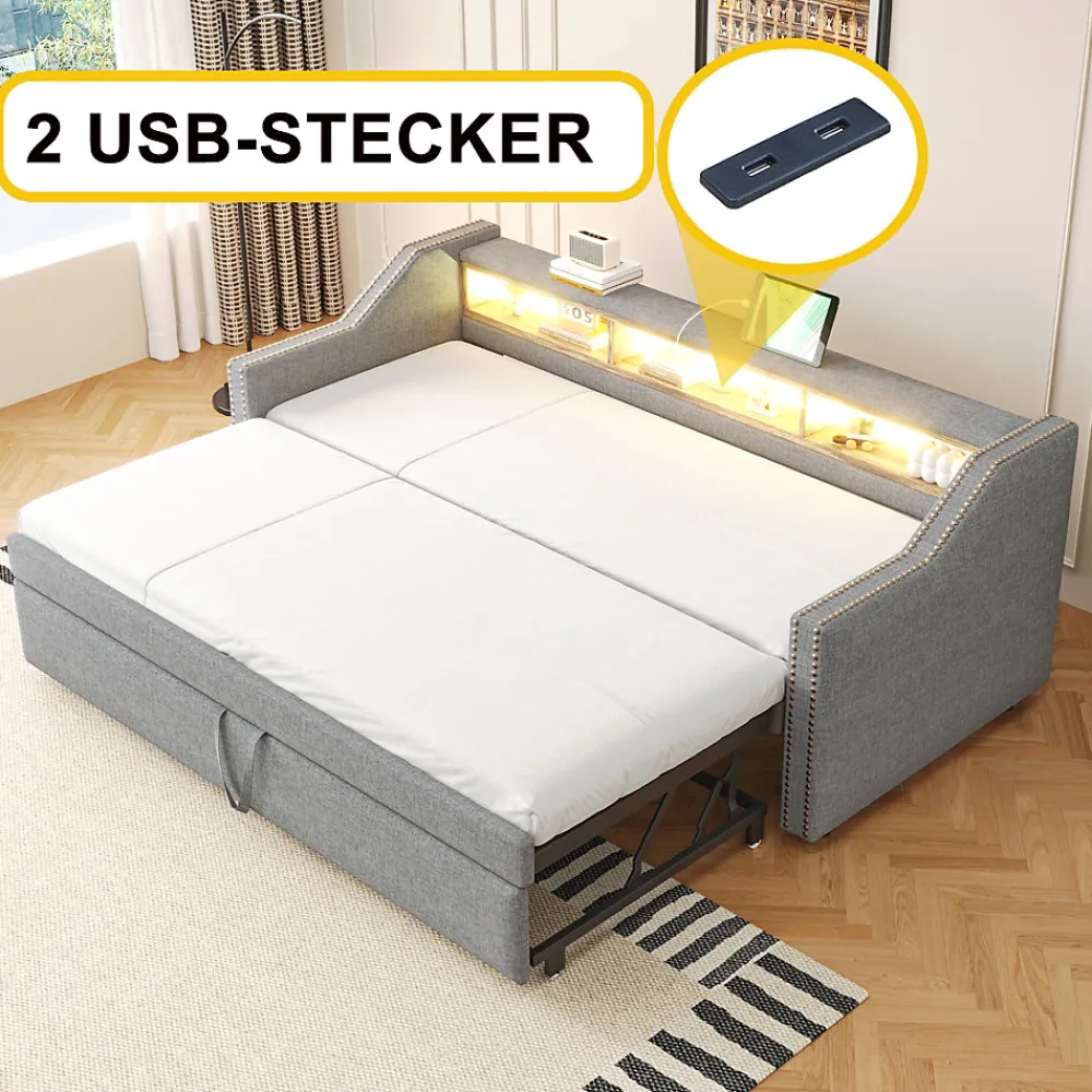 Lit Gigogne 90/180x190 cm - capitonné avec LED Intégrée et Rangement Sous Le Lit, Port USB, Tissu Gris Clair, Sans Matelas>Okwish Discount