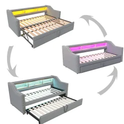 Lit Gigogne 90/180x190 cm - capitonné avec LED Intégrée et Rangement Sous Le Lit, Port USB, Tissu Gris Clair, Sans Matelas><noscript><img width=