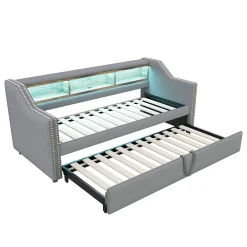 Lit Gigogne 90/180x190 cm - capitonné avec LED Intégrée et Rangement Sous Le Lit, Port USB, Tissu Gris Clair, Sans Matelas><noscript><img width=