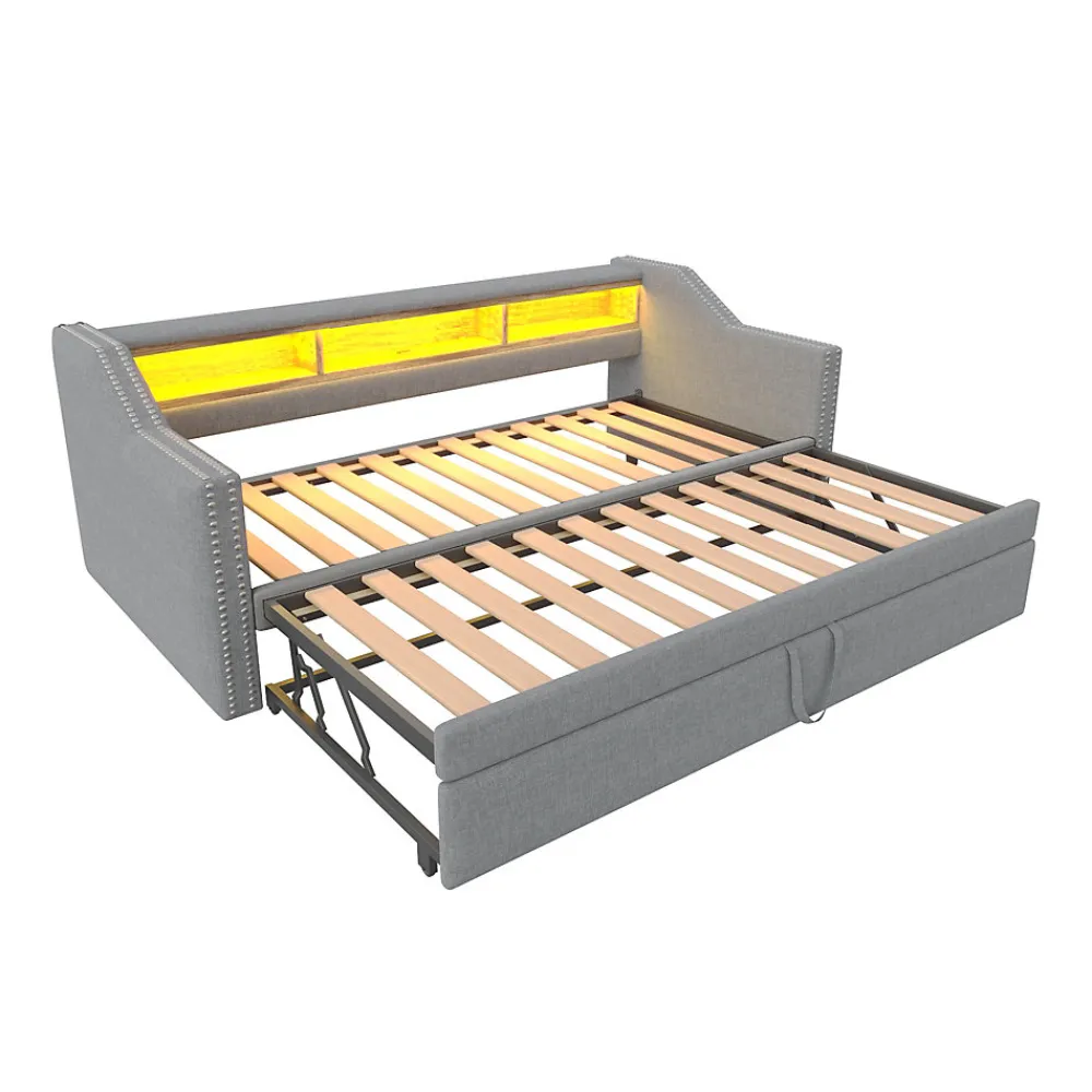Lit Gigogne 90/180x190 cm - capitonné avec LED Intégrée et Rangement Sous Le Lit, Port USB, Tissu Gris Clair, Sans Matelas>Okwish Discount