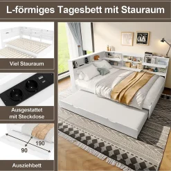 Okwish Lit Gigogne 140x200 cm - Daybed Multifonction avec Tête de Lit et Lit Tiroir - Sans Matelas - Bois Blanc* Lit Gigogne