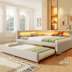 Lit Gigogne 140x200 cm - Lit Adulte avec Sommier Coulissant et LED Télécommandée, Revêtement en Lin - sans Matelas - Beige><noscript><img width=