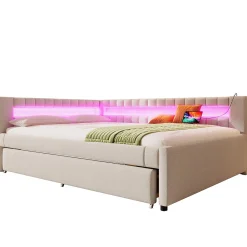 Lit Gigogne 140x200 cm - Lit Adulte avec Sommier Coulissant et LED Télécommandée, Revêtement en Lin - sans Matelas - Beige><noscript><img width=