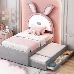 Lit Gigogne 90x200 cm - Lit avec Tiroirs de Rangement et Éclairage LED Changeant, en Velours Gris, Sans Matelas>Okwish New
