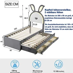 Lit Gigogne 90x200 cm - Lit avec Tiroirs de Rangement et Éclairage LED Changeant, en Velours Gris, Sans Matelas><noscript><img width=