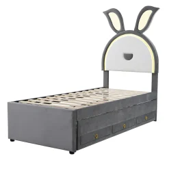 Lit Gigogne 90x200 cm - Lit avec Tiroirs de Rangement et Éclairage LED Changeant, en Velours Gris, Sans Matelas><noscript><img width=