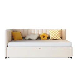 Okwish Lit Gigogne 90/180x200 cm - Lit avec Canapé-Lit Coulissant, Multifonction pour enfants et Invités, en Velours Beige, Sans Matelas* Lit Gigogne