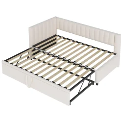 Okwish Lit Gigogne 90/180x200 cm - Lit avec Canapé-Lit Coulissant, Multifonction pour enfants et Invités, en Velours Beige, Sans Matelas* Lit Gigogne